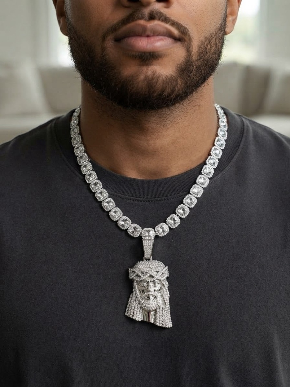 Silver Crystal Tennis Chain Necklace with Jesus Pendant - Clear